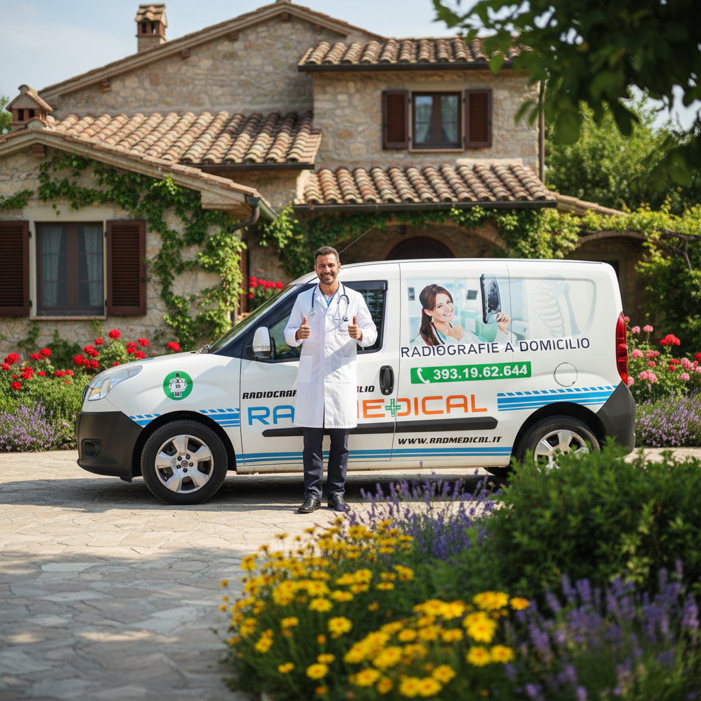 Persona in camice bianco accanto a un mezzo con marchio RadMedical davanti a un’abitazione